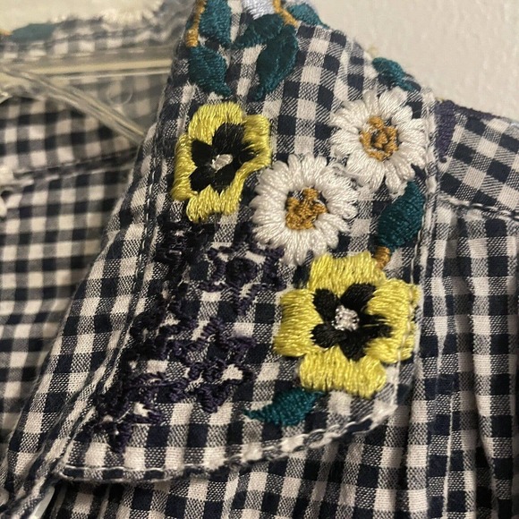 SOLD Inoui Paris XS Embroidered Gingham Check Blouse Blue White Balloon Sleev… - Picture 3 of 10